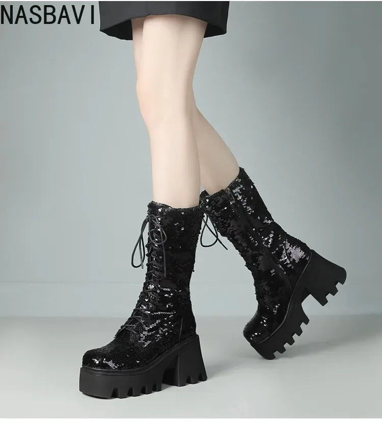 Green Sequin Mid-Calf Boots — Fish Scale Punk Platform Boots
