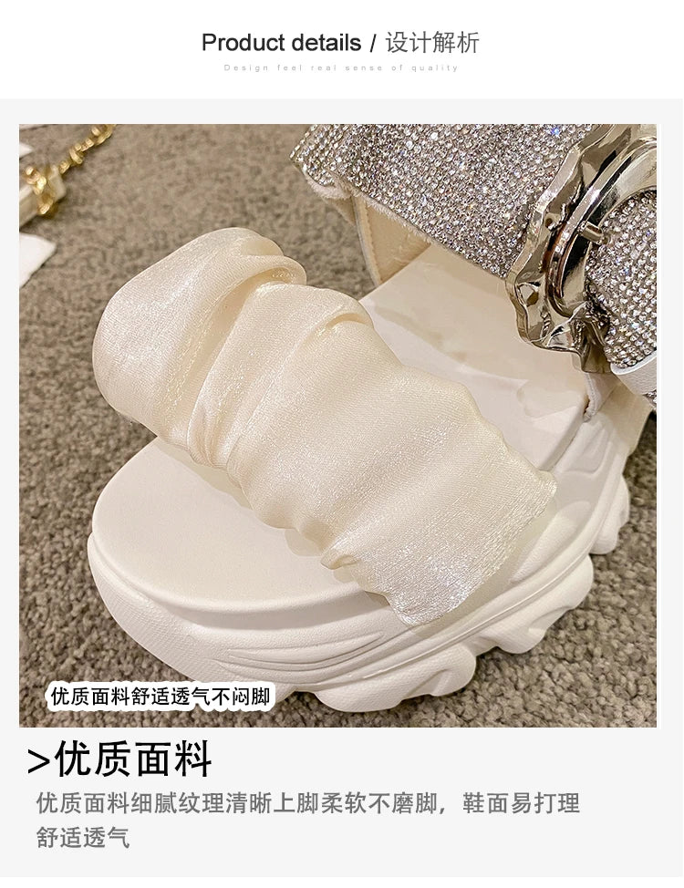 Chunky Crystal Wedge Sandals — 7.5cm Sparkly Platform Beach Shoes