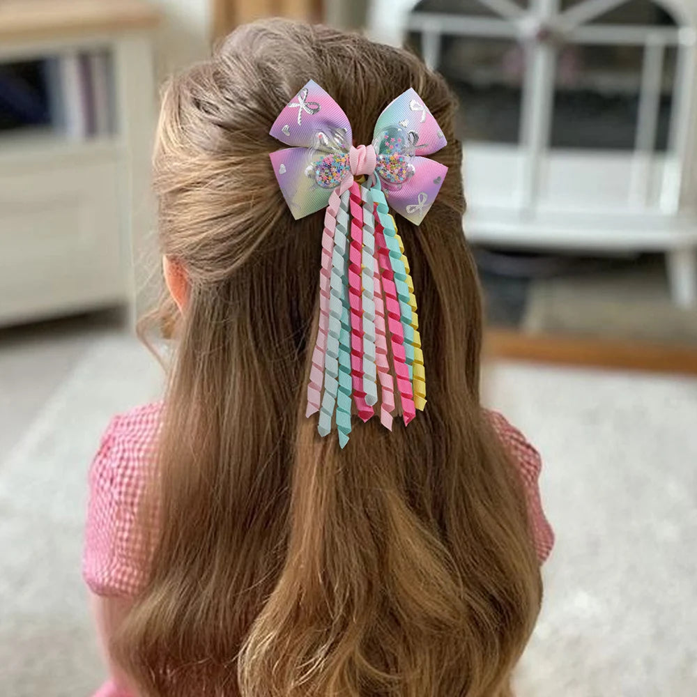 Unicorn Bow Hair Clips — Tassel Ribbon Barrettes for Girls
