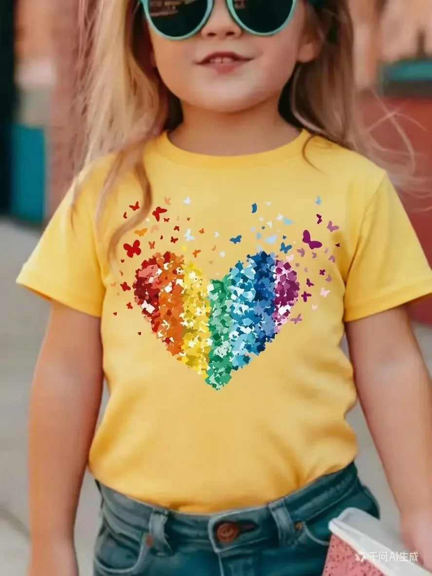 Rainbow Sequin Heart Kids T-Shirt — Girls Party & Festival Top