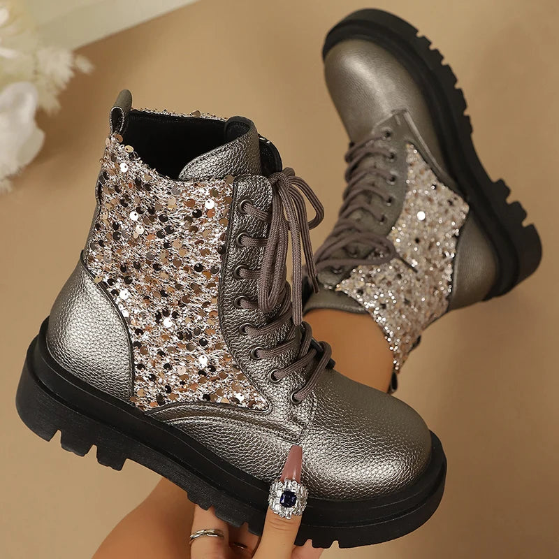 Silver Sequin Ankle Boots — Metallic Lace-Up Platform Boots