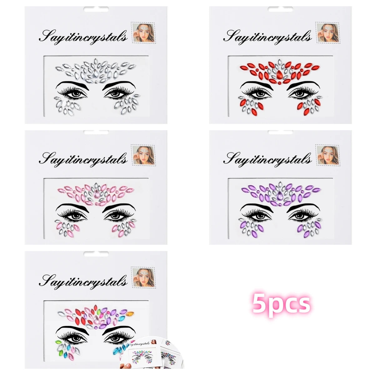Mermaid Face Gems — 5 Pack Crystal Rhinestone Festival Sticker