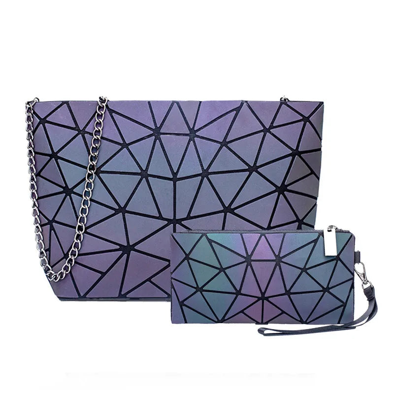 Holographic Geometric Bag Set — 2 Piece Luminous Shoulder Bag & Purse