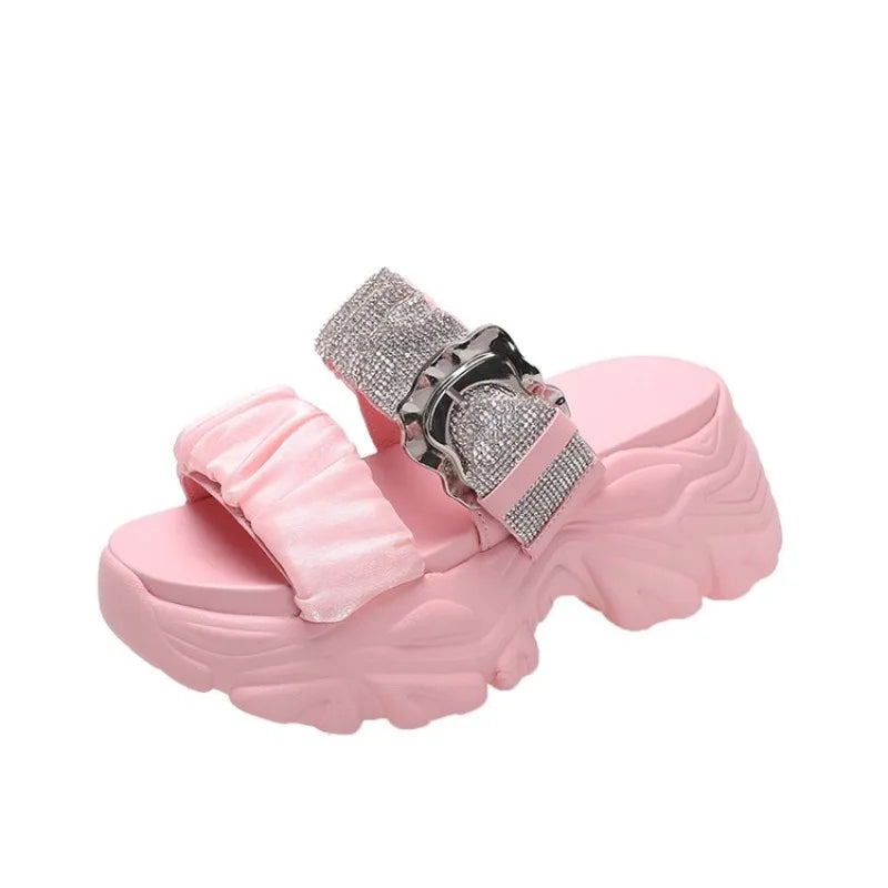 Chunky Crystal Wedge Sandals — 7.5cm Sparkly Platform Beach Shoes