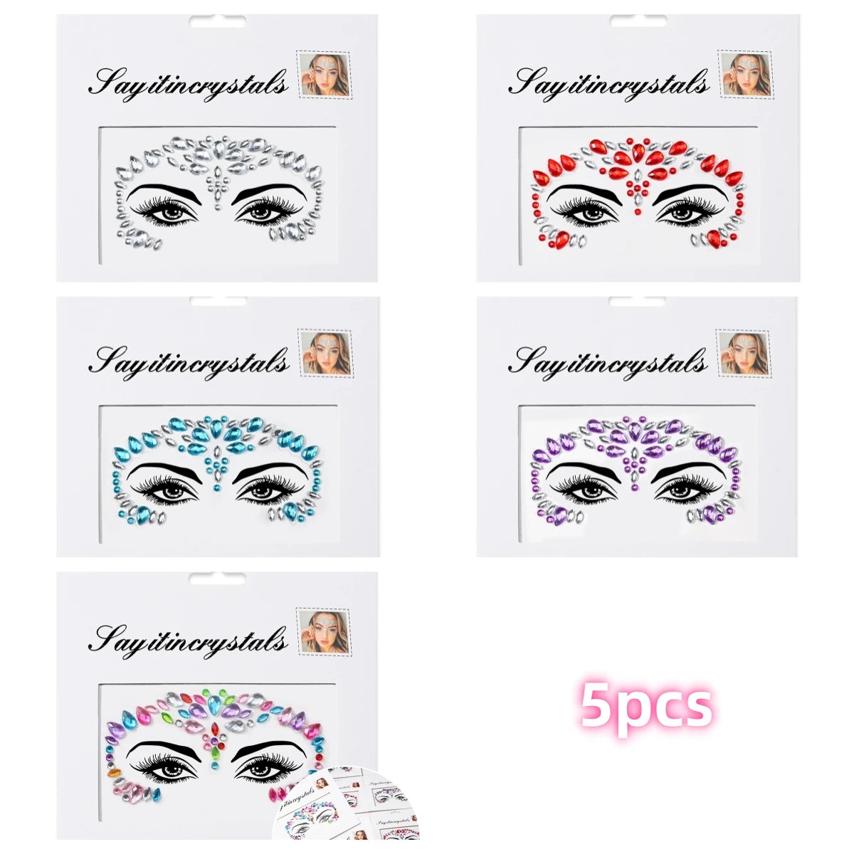 Mermaid Face Gems — 5 Pack Crystal Rhinestone Festival Sticker