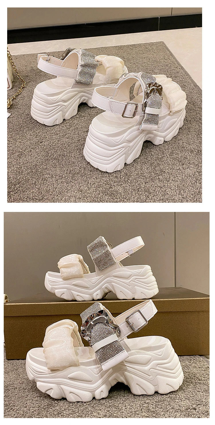 Chunky Crystal Wedge Sandals — 7.5cm Sparkly Platform Beach Shoes