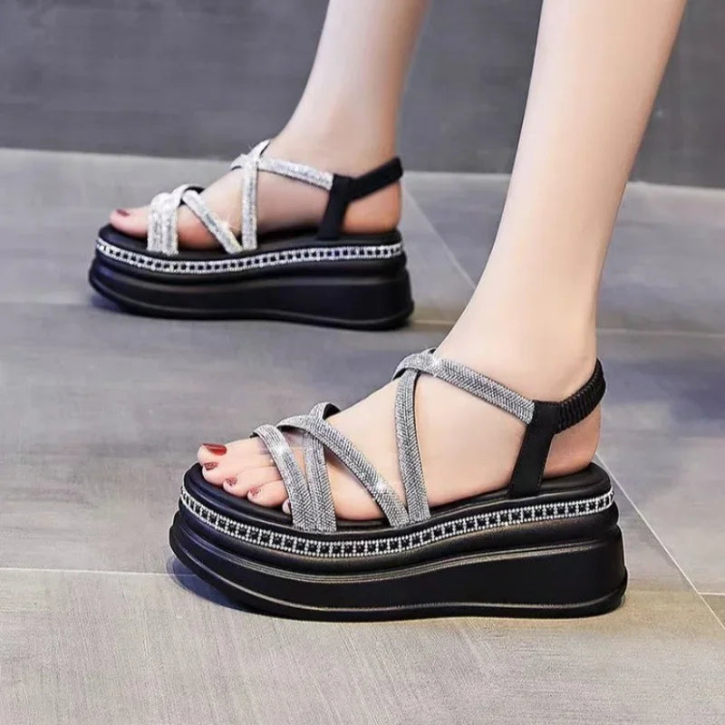 Crystal Platform Wedge Sandals — 7cm Sparkly Festival & Beach Shoes
