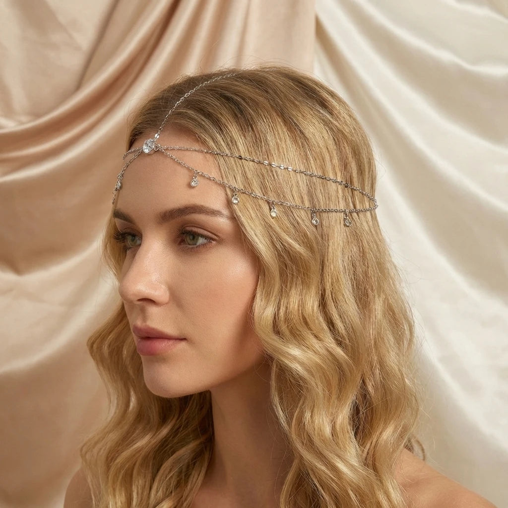 Multi-Layer Diamond Forehead Chain — Princess Headpiece for Weddings & Parties