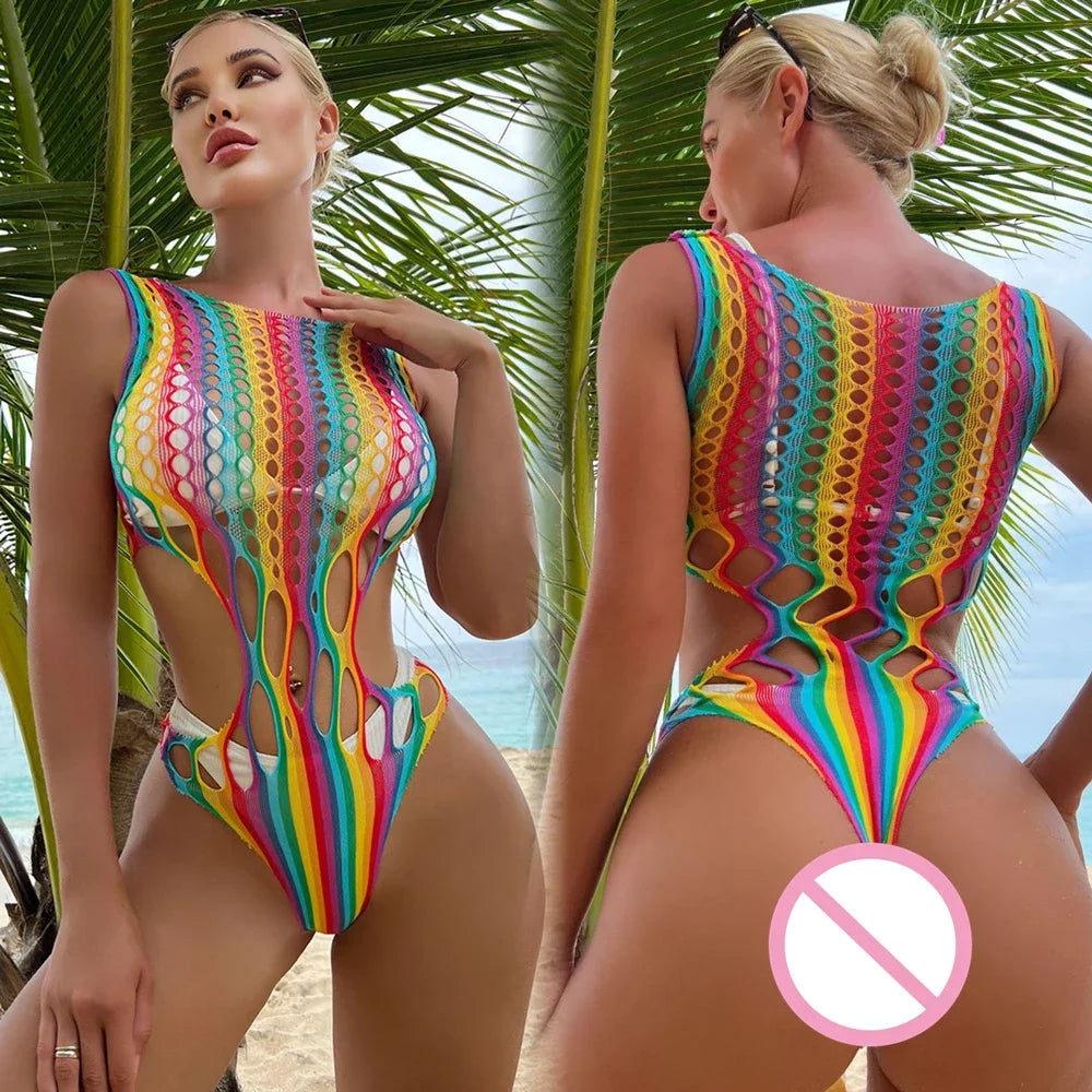 Rainbow Fishnet Bodysuit — Festival, Rave & Stage Outfit