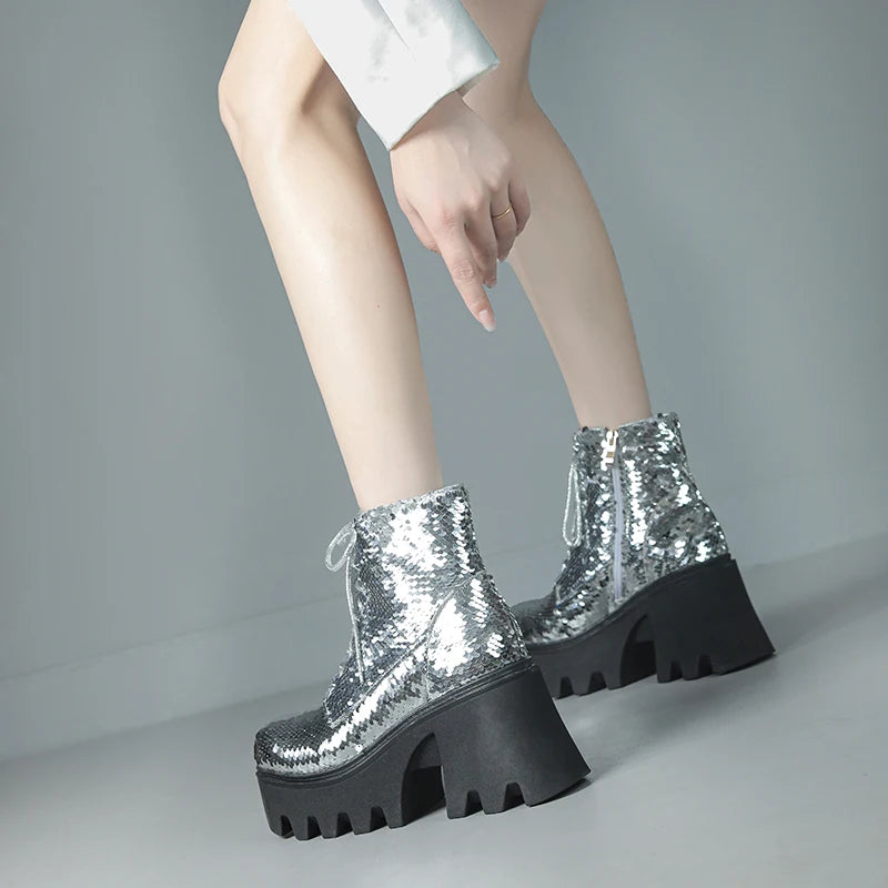 Punk Sequin Ankle Boots — Platform Moto Boots UK 1-9