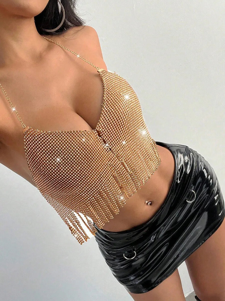 Rhinestone Fringe Cami Top — Stretchy Club & Party Tank