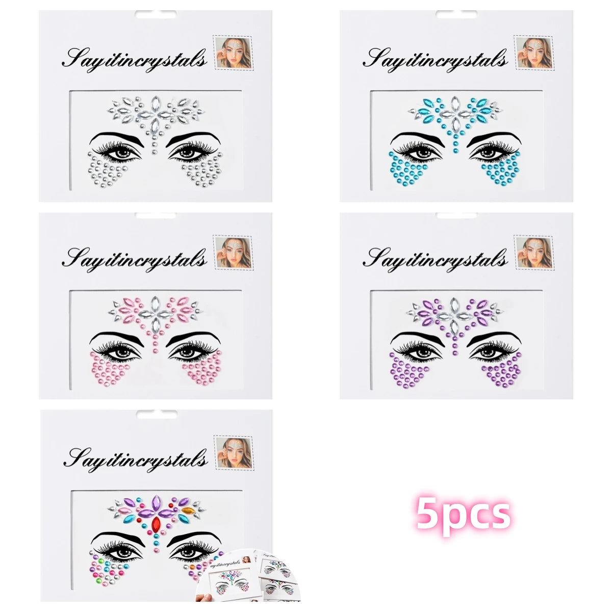 Mermaid Face Gems — 5 Pack Crystal Rhinestone Festival Sticker