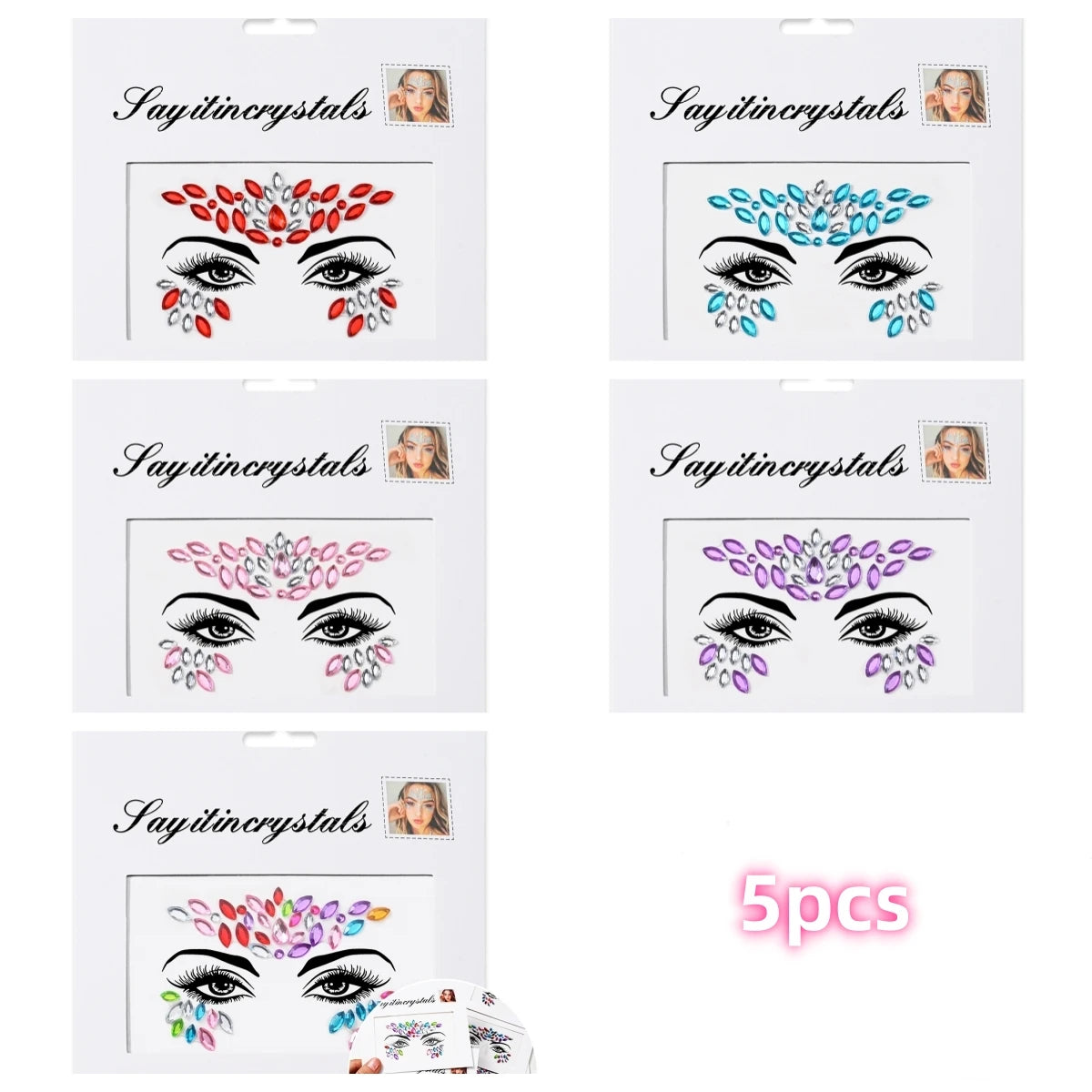 Mermaid Face Gems — 5 Pack Crystal Rhinestone Festival Sticker