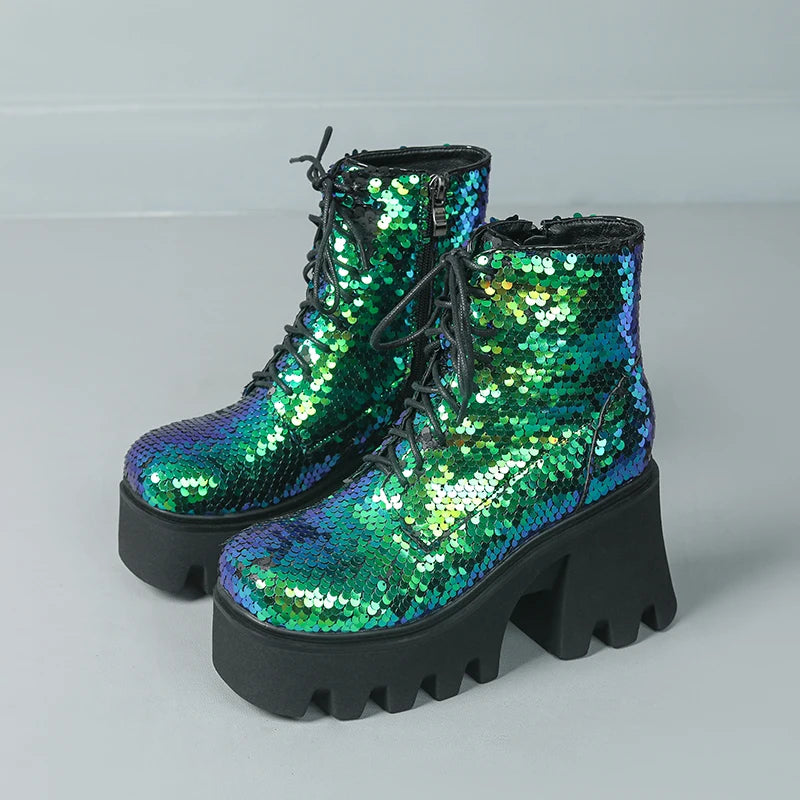 Punk Sequin Ankle Boots — Platform Moto Boots UK 1-9