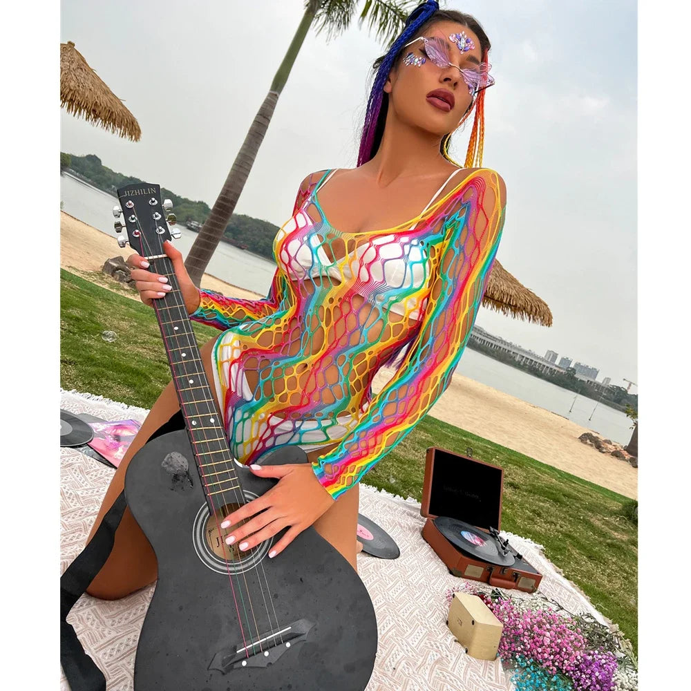 Rainbow Fishnet Bodysuit — Festival Rave & Stage Stagewear