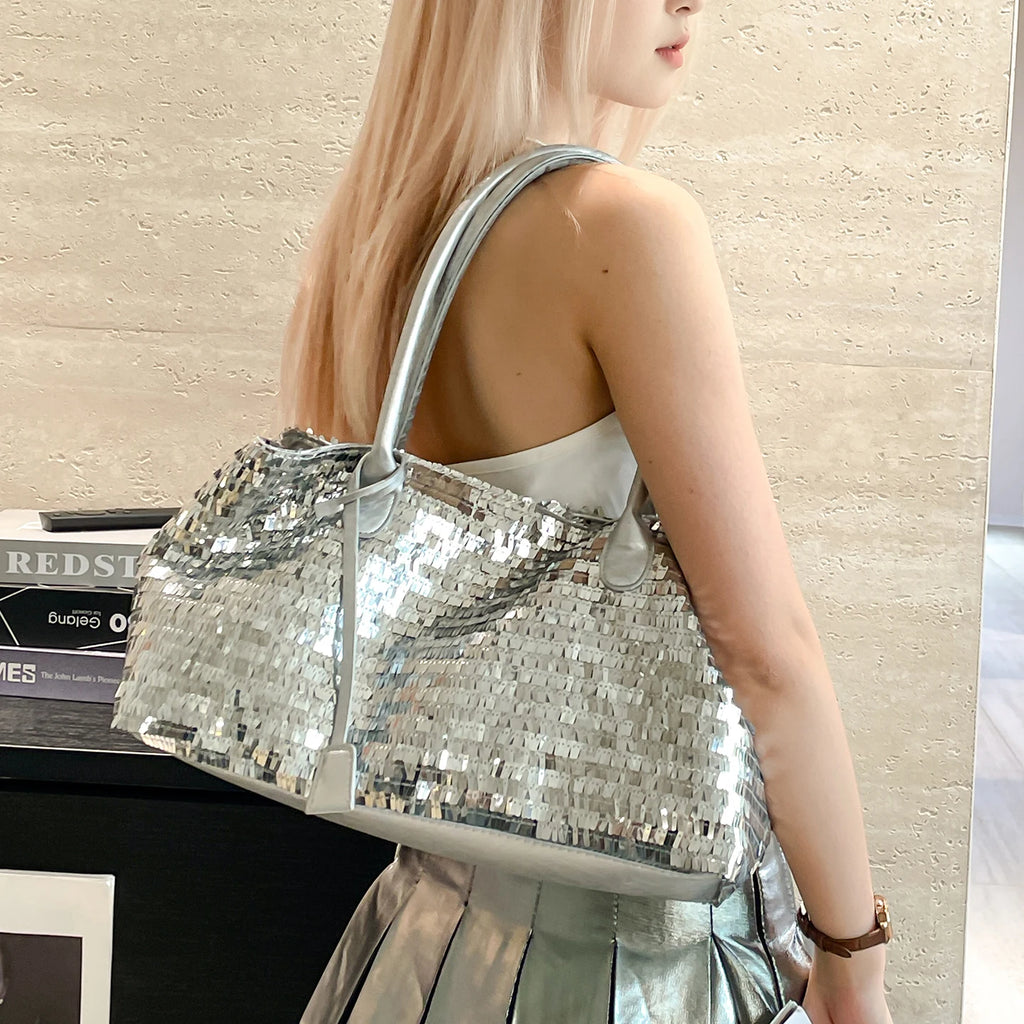 Silver Sequin Shoulder Bag — Sparkly Evening & Party Handbag