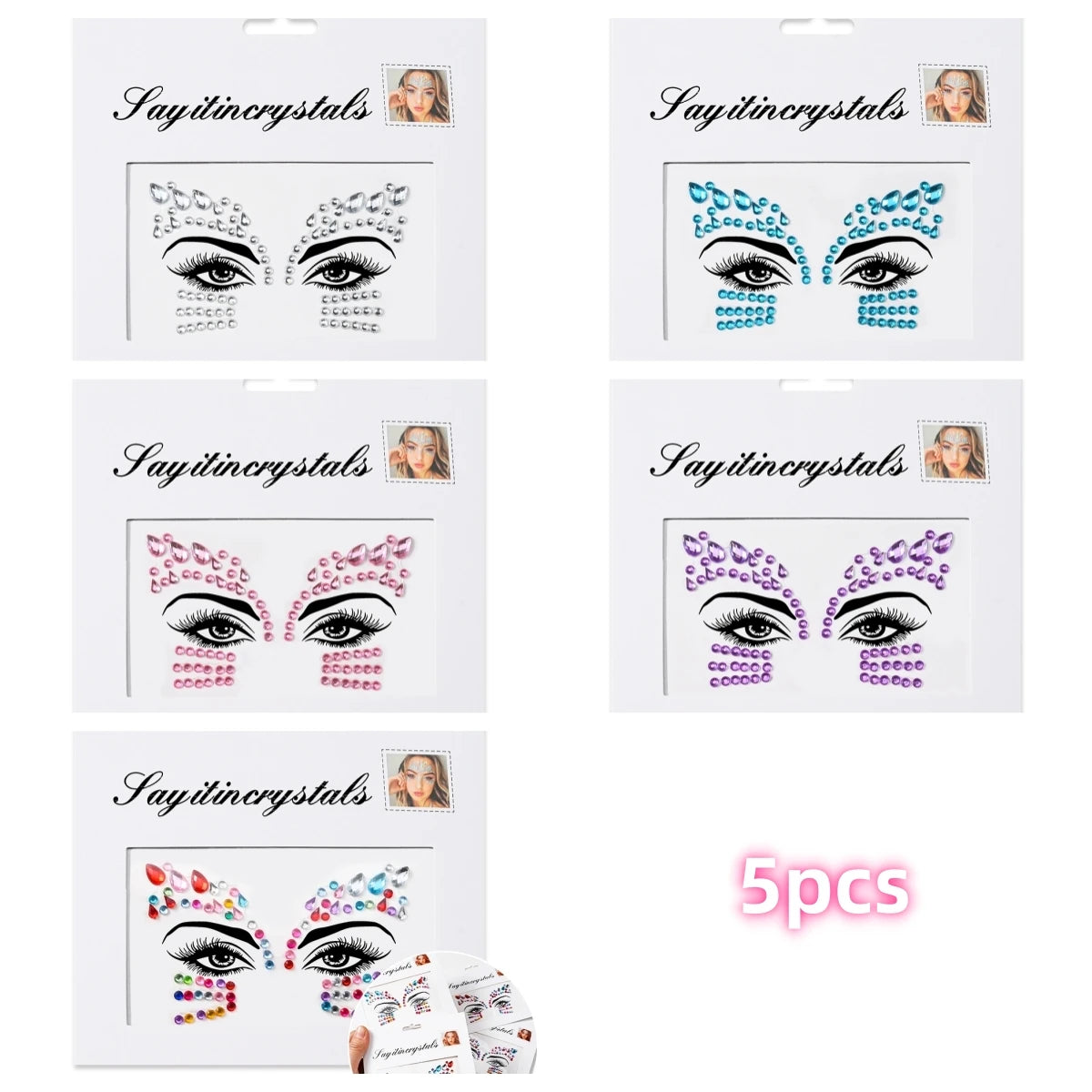 Mermaid Face Gems — 5 Pack Crystal Rhinestone Festival Sticker