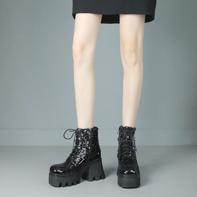 Punk Sequin Ankle Boots — Platform Moto Boots UK 1-9