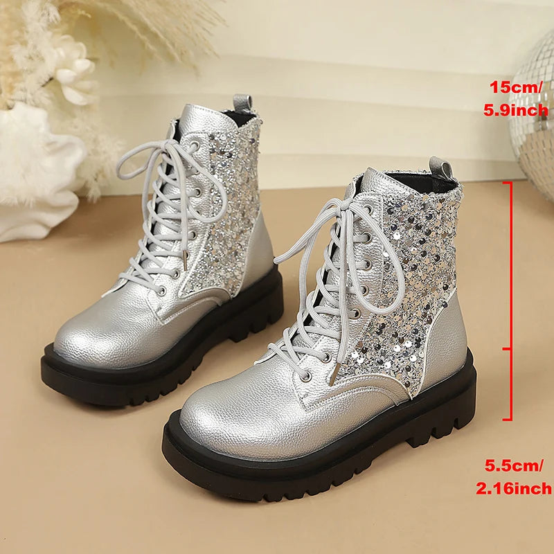 Silver Sequin Ankle Boots — Metallic Lace-Up Platform Boots